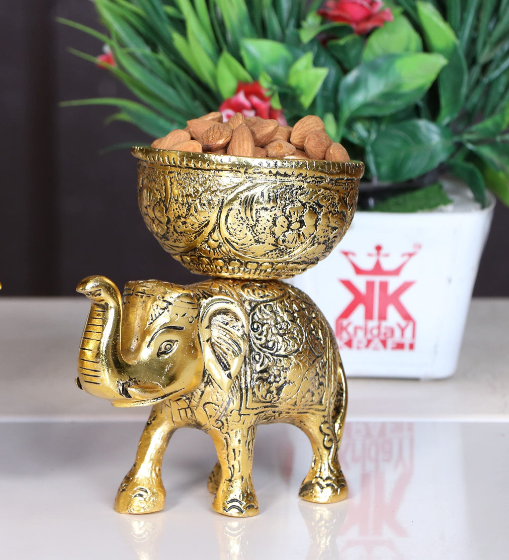 KridayKraft Metal Elephant Dry Fruit Bowl Showpiece Gold Polish for Your Home,Office Table & Gift Article,Animal Decorative Showpiece Figurines.
