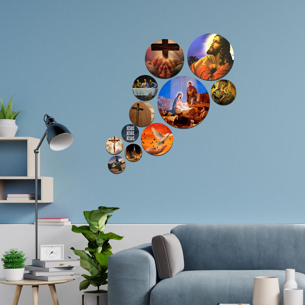 Artvibes Start with Jesus Christian Round Shape MDF Wooden Wall Art for Home Decoration | Spiritual Decor Items | Wall Art Paintings | Wall Poster| Stylish Modern Artwork | Gift (WPS_124N), Set of 11