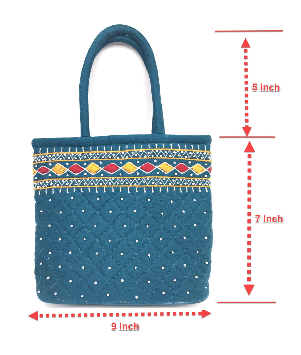 srishopify handicrafts Women Handbag Small Size Banjara Traditional Mini Handle Bag handmade Hand Purse Cotton 9x7x3 Inch Size original Beads Thread Work (Rama Green Colour bag small)
