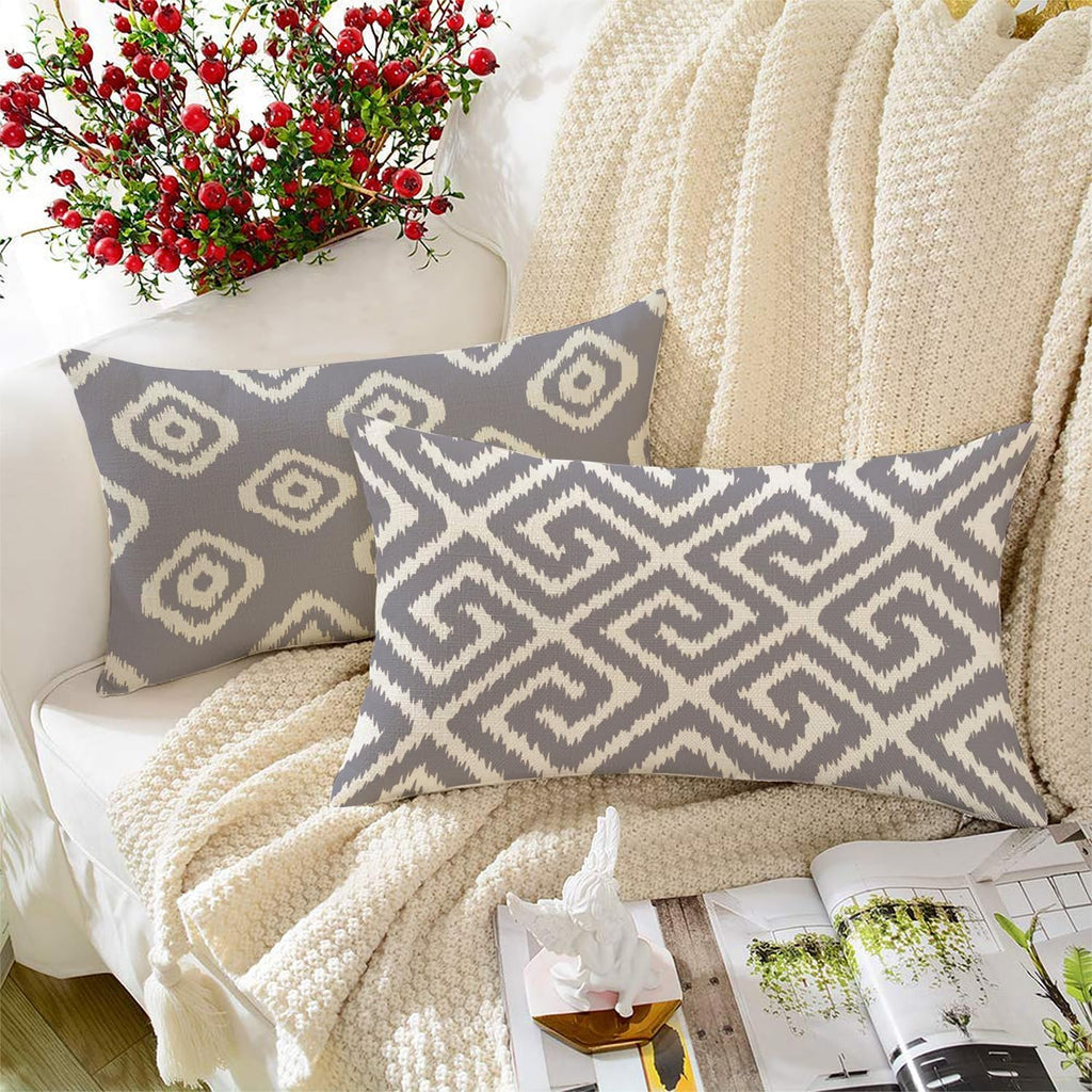 STITCHNEST Set of 2 Polycotton Cushion Covers – 12x18 Inches – Grey & White Ikat Geometric Print – Elegant Cushion Covers for Sofa & Living Room | Perfect for Home Decor