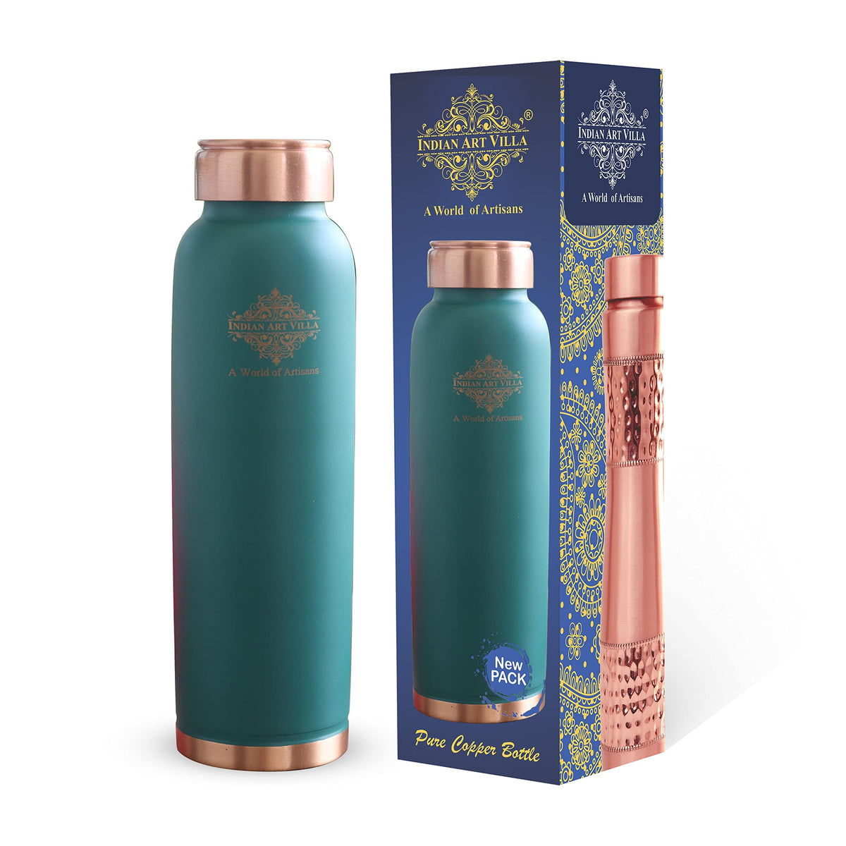 Indian Art Villa Copper Lacquer Coated Silk Finish Leak Proof Ergonomic Design Bottle in Turquoise Color, 900 ml, Pack of 1