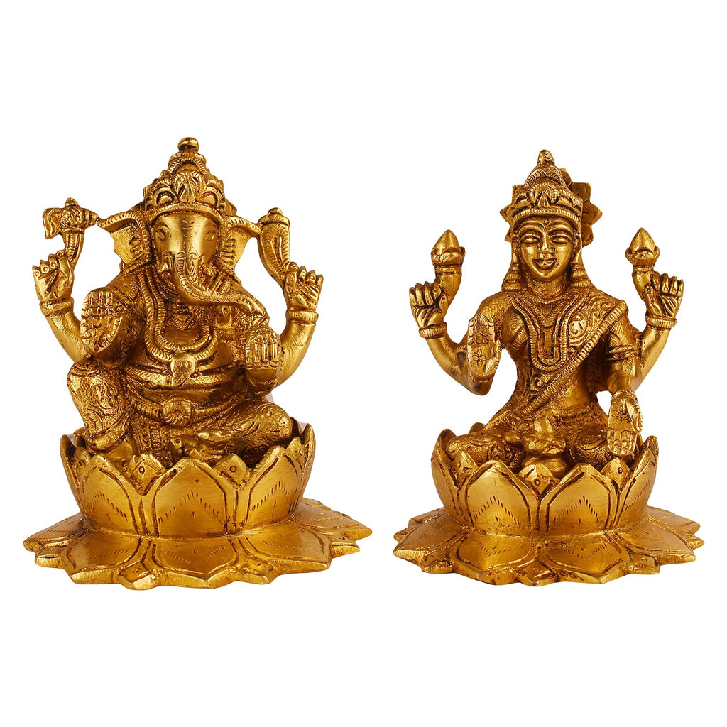 ARTVARKO Pure Brass Ganesha Laxmi Ganesh Lakshmi Bhagwan Idol Sitting on Lotus Ganpati Murti Statue 5 Inch