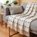SAJAVAT HOME Hand Knitted Cotton Sofa Throw Blanket | Beige & Blue Elegant All-Season Accent for Sofa, Couch & Bed | Soft Lightweight Knit with Tassels | 80×52 Inches (204×132 cm) Kafalo