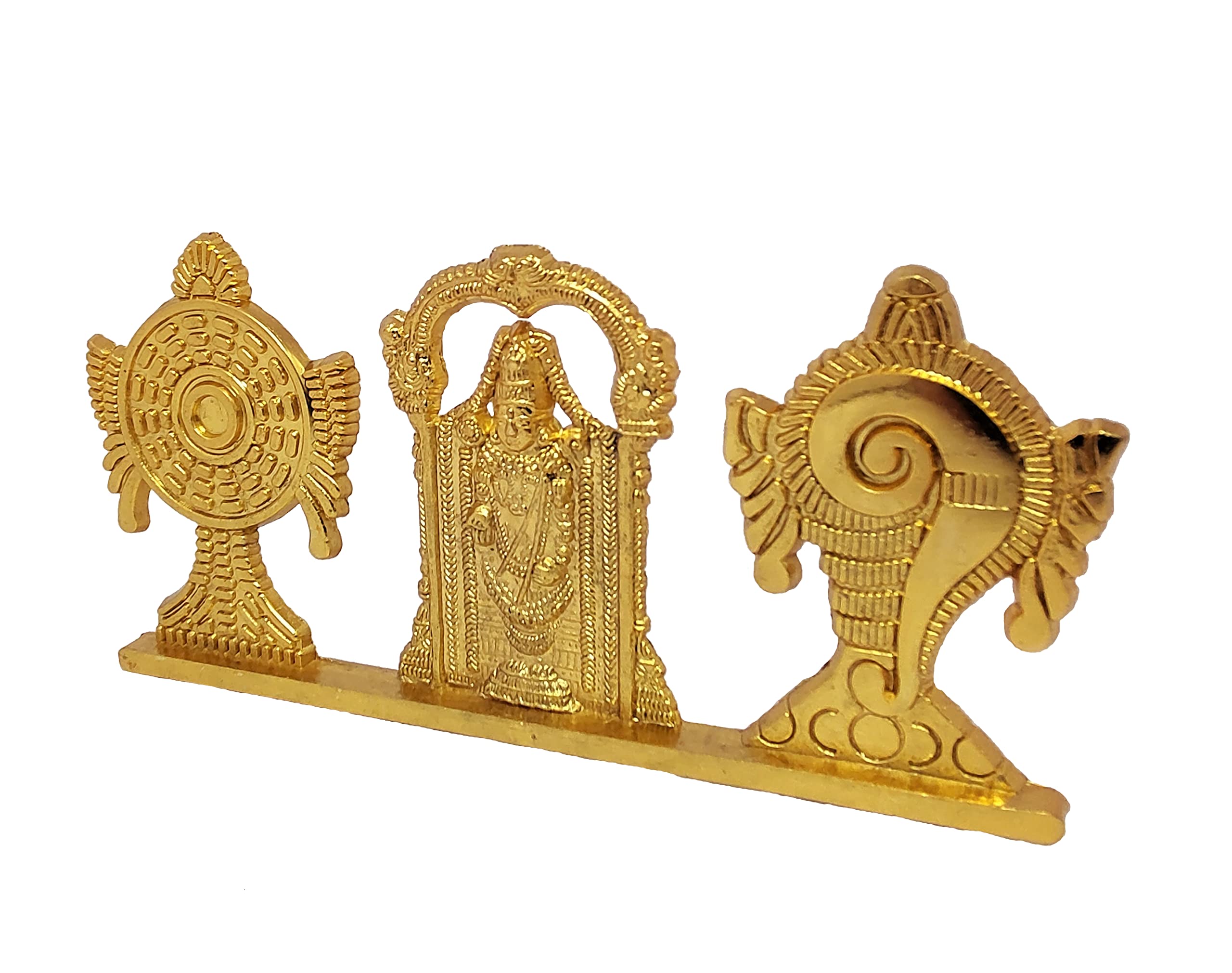 KridayKraft Tirupati Balaji Symbol Stand Shankh Chakra with Balaji Statue Gold Plating Antique Decorative for Car Dashboard Home & Office Table Showpiece Figurines,Religious Gift Idol, 5 x 1 Cm