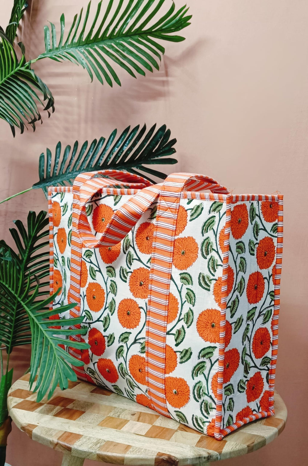 HOUSE OF GULAB Orange Cotton Tote Bag Reusable Shopping Bag Printed Canvas Cloth Carry Bag with Long Handle for Women & Men Eco Friendly Grocery Vegetable Storage Travel Bag 15x18 Inch (Orange)