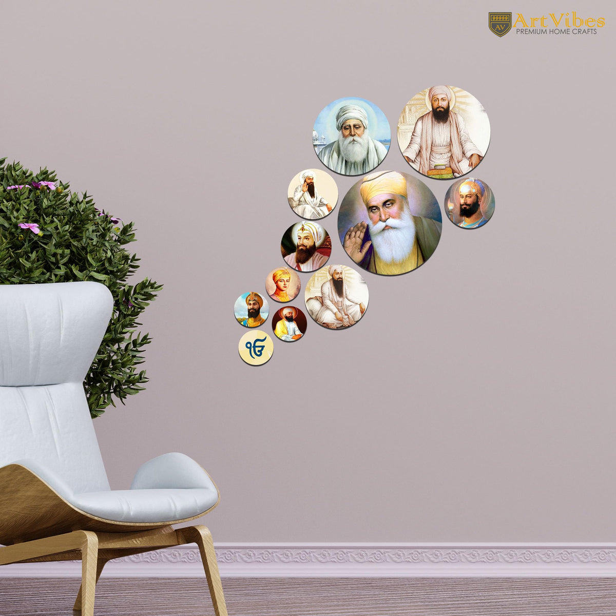 Artvibes Gurunanak Dev Ji Round Shape MDF Wooden Wall Decor Items | Spiritual Decor Items | Wall Art Paintings | Wall Illustrations| Stylish Modern Decor Item | Gift Items (WPS_131N), Set of 11