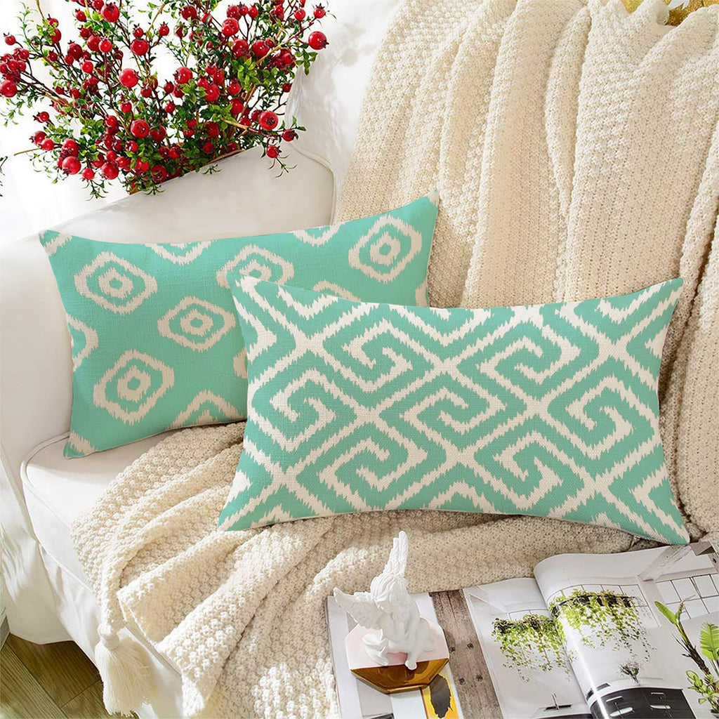 STITCHNEST Set of 2 Polycotton Cushion Covers – 12x18 Inches – Teal & White Ikat Geometric Print – Elegant Cushion Covers for Sofa & Living Room | Perfect for Home Decor