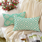 STITCHNEST Set of 2 Polycotton Cushion Covers – 12x18 Inches – Teal & White Ikat Geometric Print – Elegant Cushion Covers for Sofa & Living Room | Perfect for Home Decor