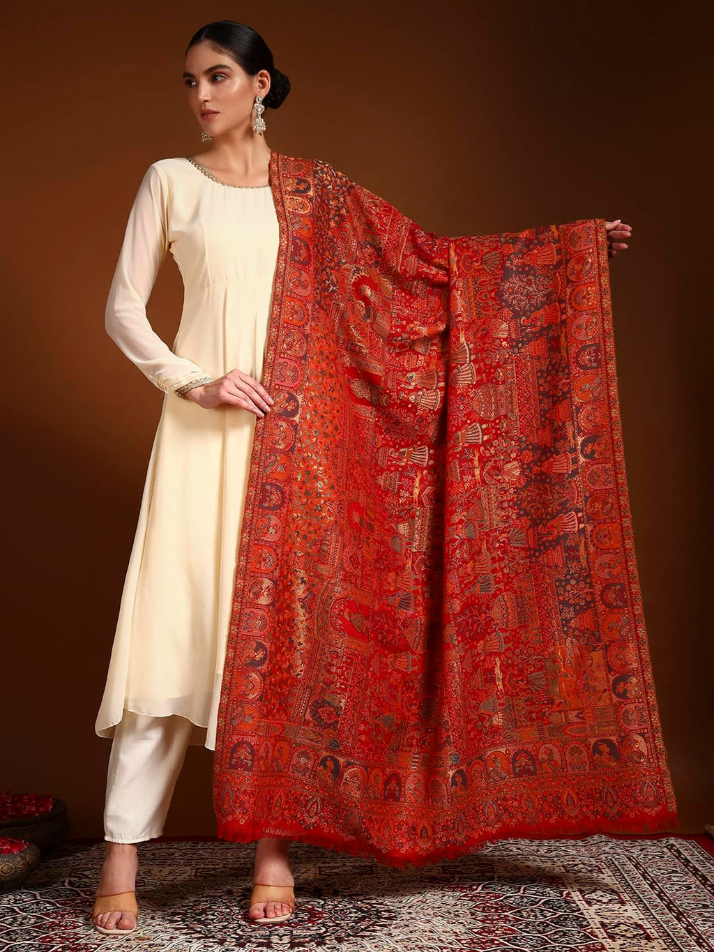 Pashmoda Women Zewar Fine Wool Kaani Shawl, Authentic Kashmiri Luxury Pashmina Style Shawl, Stole, Medium Gents Lohi, Size (40x80 Inches, Maroon Color) ZSS05