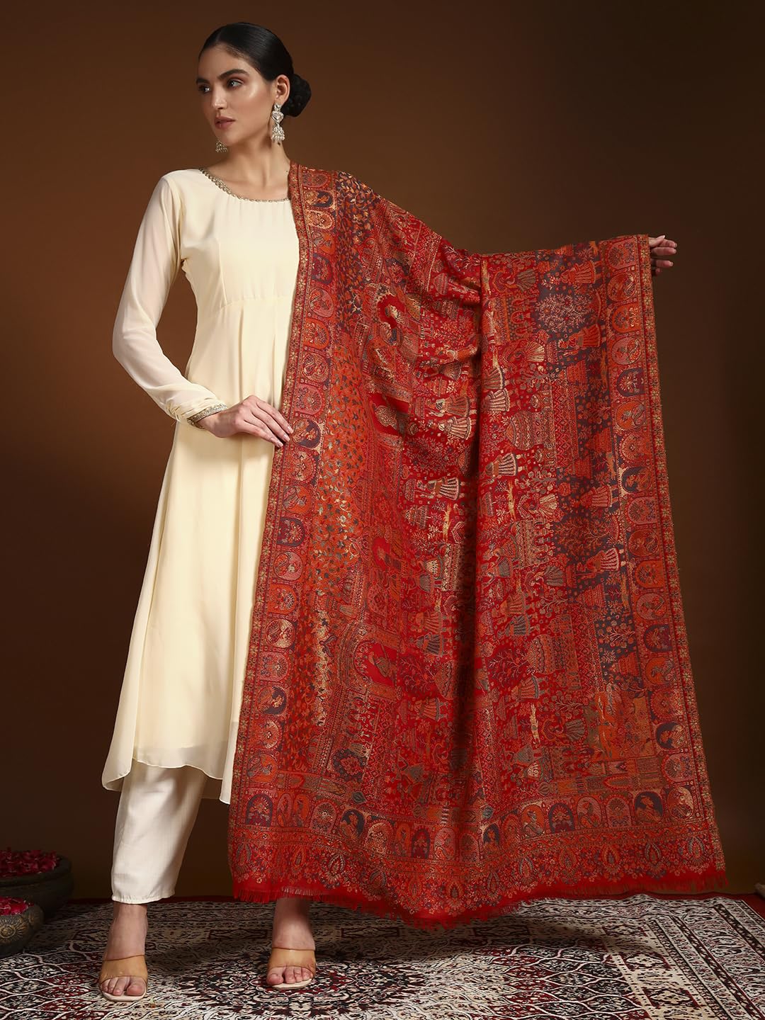 Pashmoda Women Zewar Fine Wool Kaani Shawl, Authentic Kashmiri Luxury Pashmina Style Shawl, Stole, Medium Gents Lohi, Size (40x80 Inches, Maroon Color) ZSS05