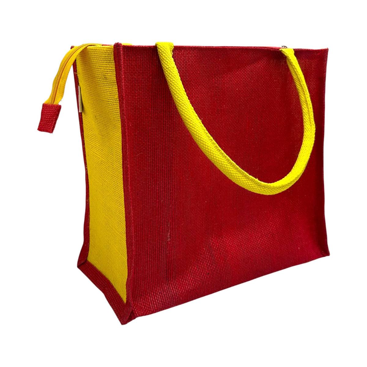 JUTEKA Multicolor Jute Bag for Shopping, Lunch, Tiffin, Grocery with Zip Closure and Padded Cotton Handles… (Red)