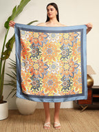 Ravaiyaa - Attitude is everything Women's Crepe Silk Digital Print Large Square Scarf Breathable Lightweight Neckerchief Printed Headscarf 40 x 40 Inch (Gray & Orange Mandala)
