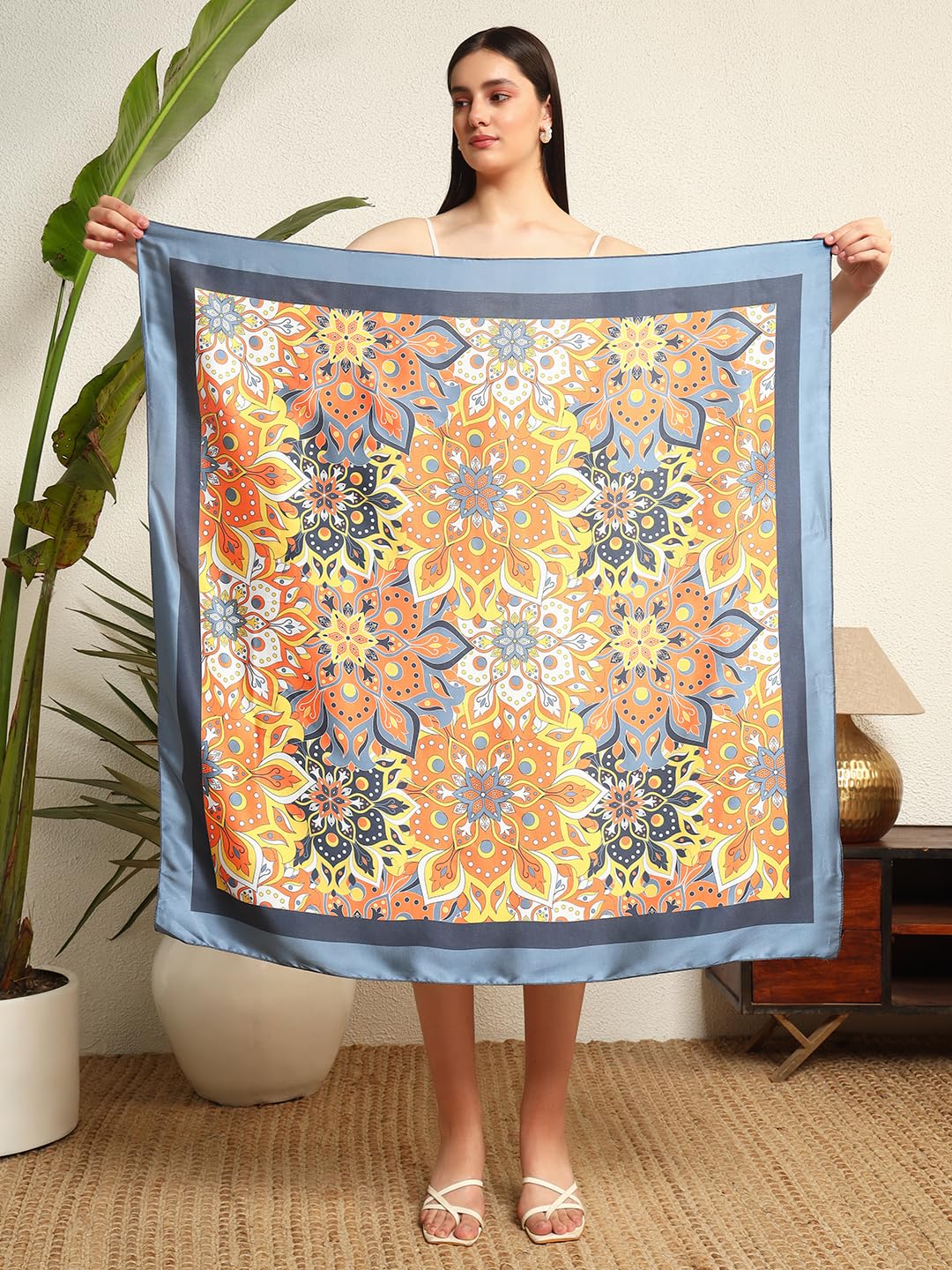 Ravaiyaa - Attitude is everything Women's Crepe Silk Digital Print Large Square Scarf Breathable Lightweight Neckerchief Printed Headscarf 40 x 40 Inch (Gray & Orange Mandala)