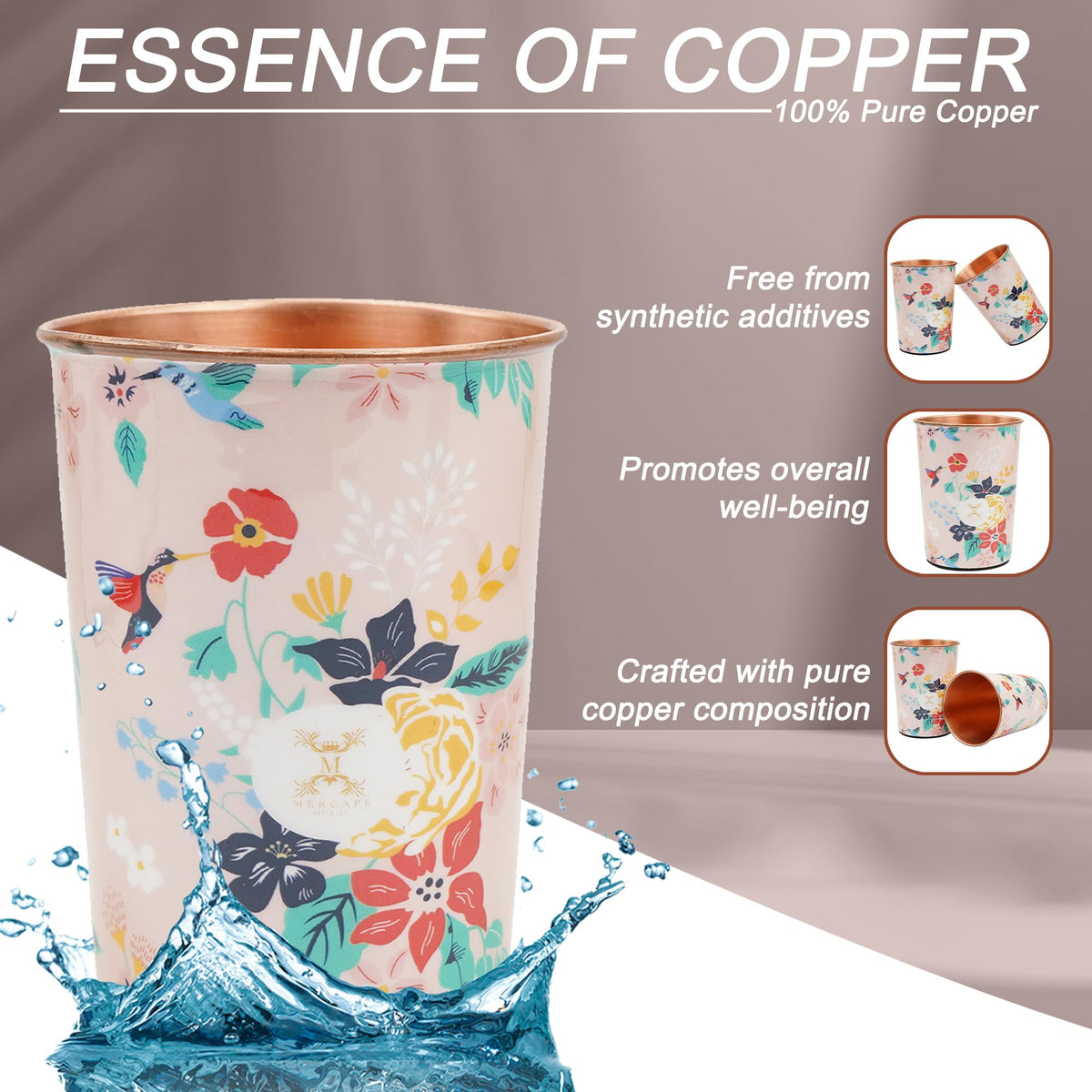 MERCAPE® 100% Pure Copper Glasses Set of 2 | Designer Meena Print | 300ml Each | Ayurvedic Benefits | Handmade Copper Tumblers for Daily Use & Gifting (Multiple Designs) (Midnight Bloom Design)