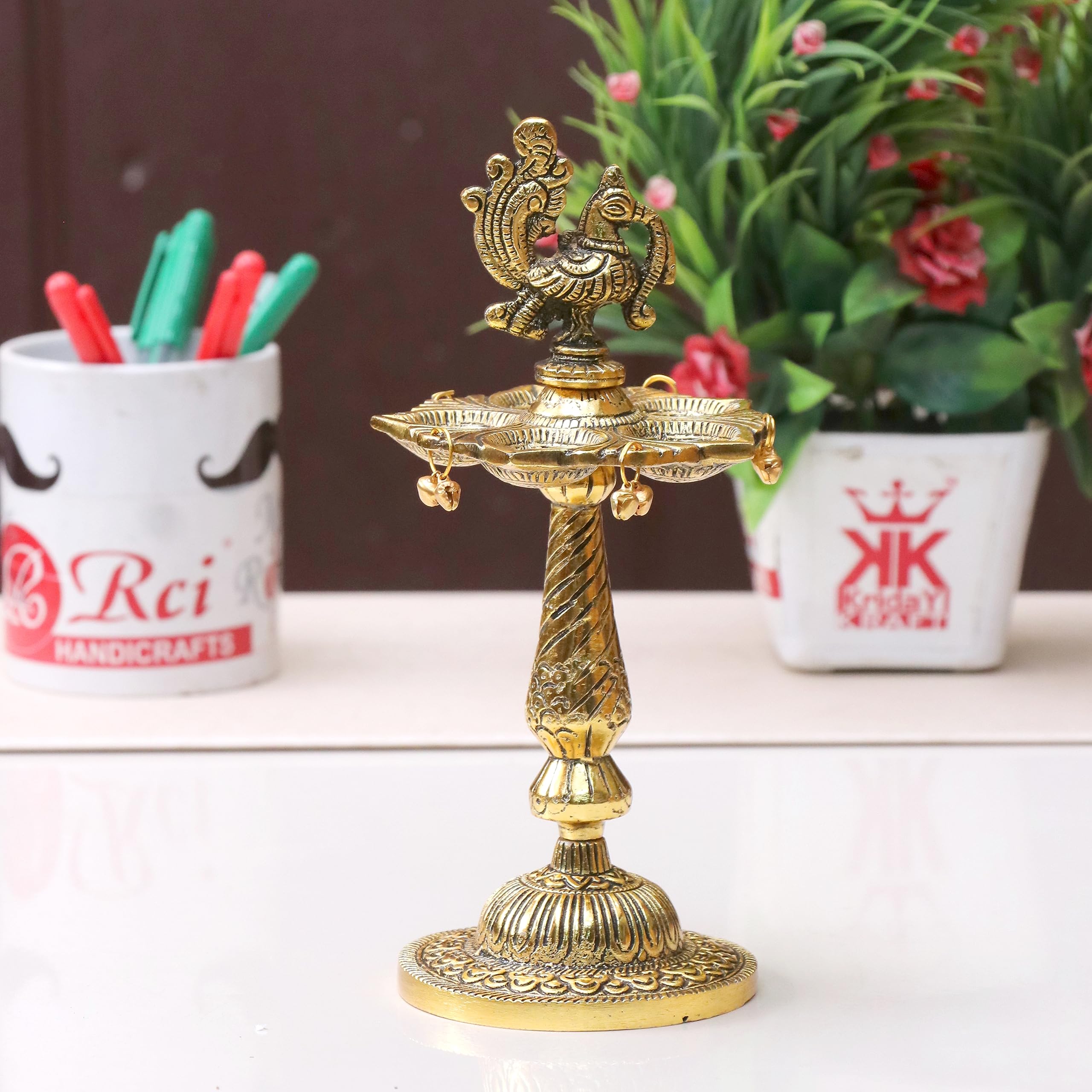 KridayKraft Metal Antique Annapakshi 5 batti Deepak Samai, Peacock Design Diya, vilakku, Deepam, Oil lamp for Temple Pooja | Office & Home Decor