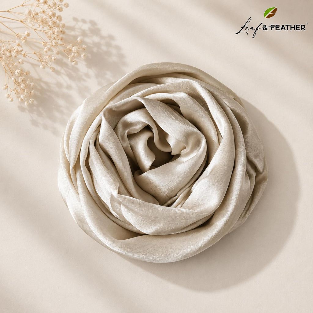Leaf & FEATHER™ Muna Satin Hijab Scarf for Women | Satin Hijab Set Pack of 3 | 200 x 70 cm | Silky & Lightweight | Elegant Daily Wear & Occasion (1. Cream White - Crimson Red - Beige)