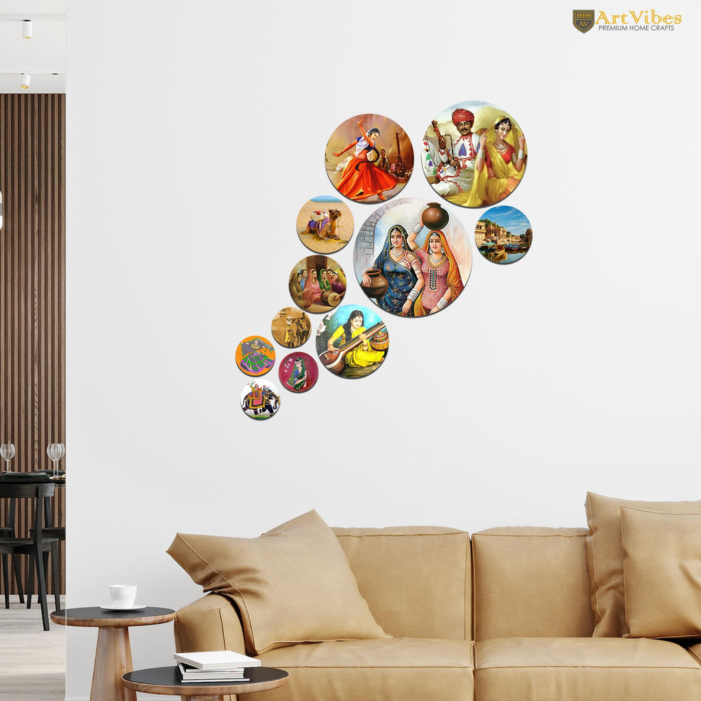 Artvibes Girl Playing Sitar Indian Village Folk Art Round Shape MDF Wooden Wall Decor Items for Home | Art For Wall | Modern Decor Artwork | Wall Art Print | Unique Gift Items (WPS_132N), Set of 11