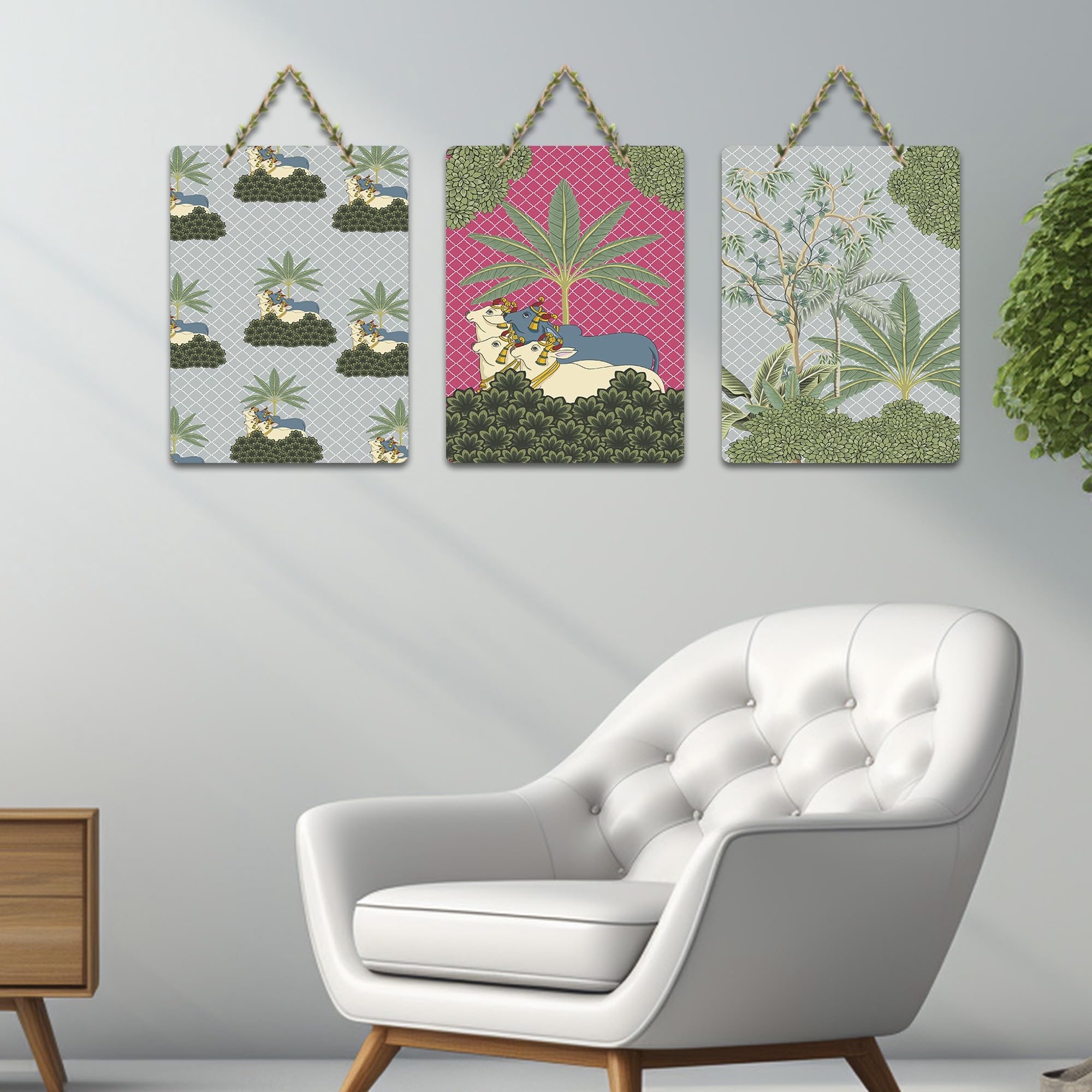 Artvibes Sacred Cows & Mother Nature Aesthetic Modern Art Decorative Wall Hanging Ornaments | Handcrafted Art | Graphic Artwork | Wall Poster | Sceneries | Unique Gift Items (WH_9698N), Set of 3