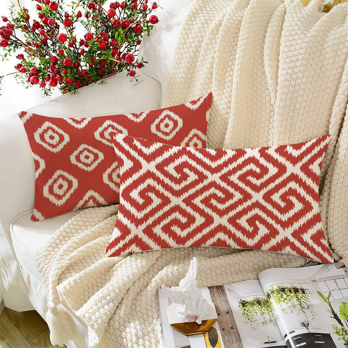 STITCHNEST Set of 2 Polycotton Cushion Covers – 12x18 Inches – Red & White Ikat Geometric Print – Elegant Cushion Covers for Sofa, Couch & Living Room | Perfect for Home Decor