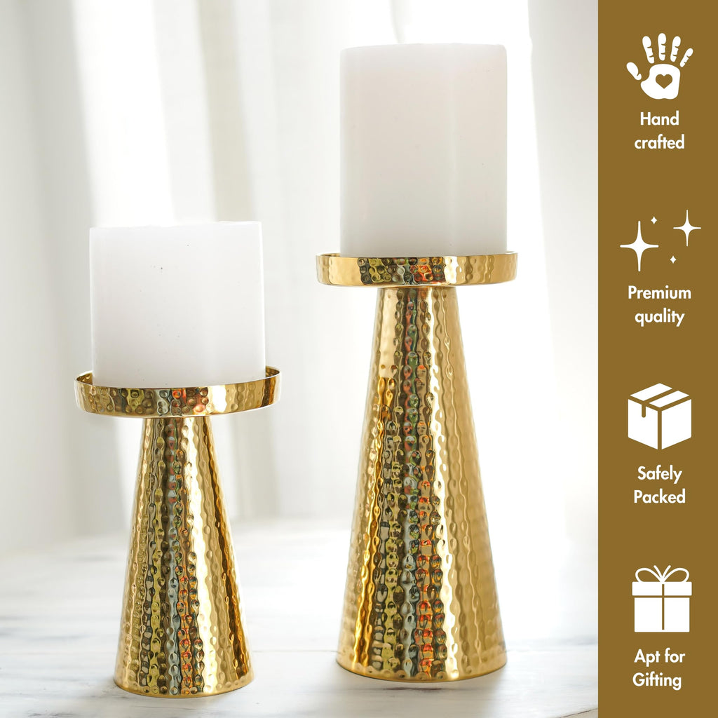 Behoma Hammered Large Metal Set of 2 Pillar Candle Holder with Gift Box