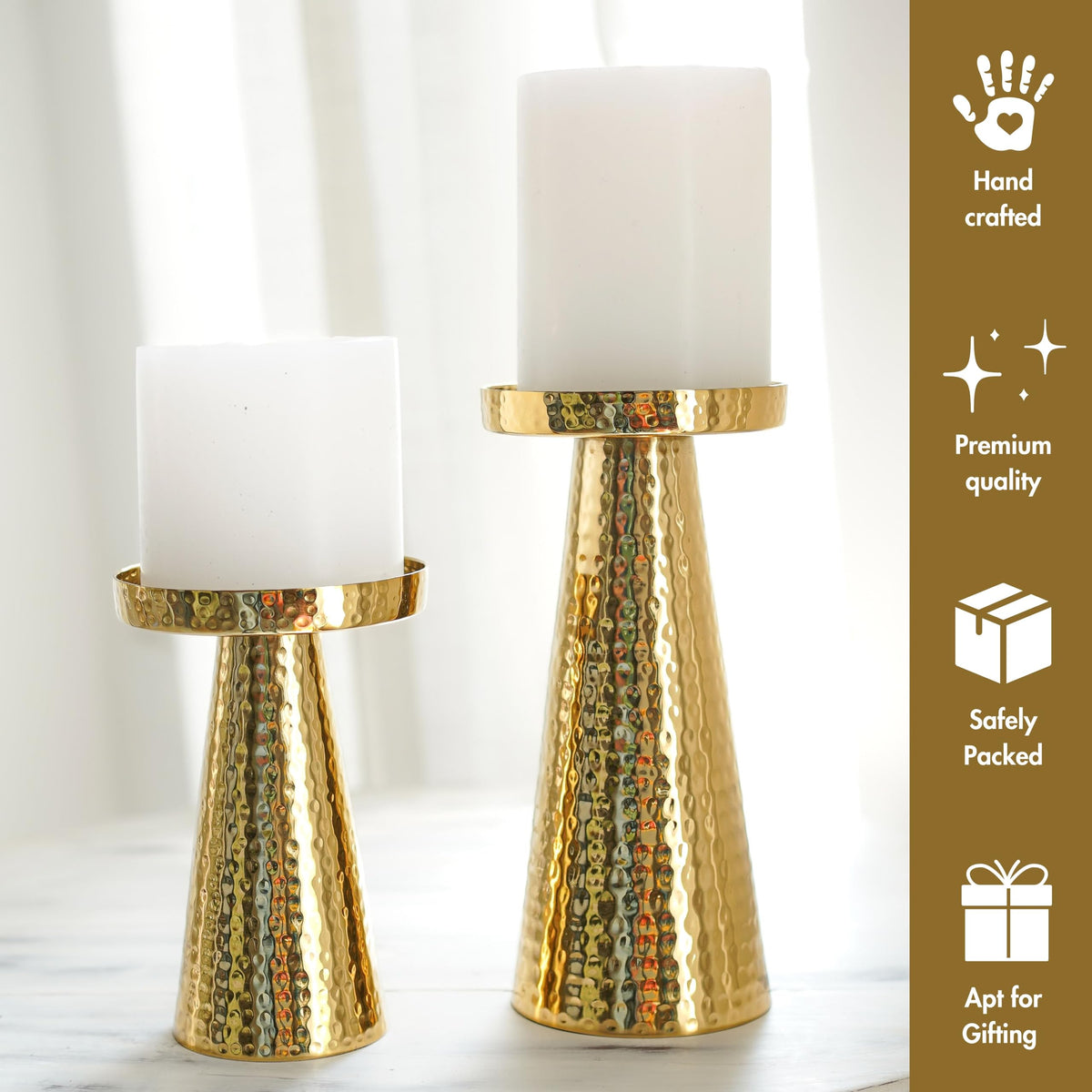 Behoma Hammered Large Metal Set of 2 Pillar Candle Holder with Gift Box