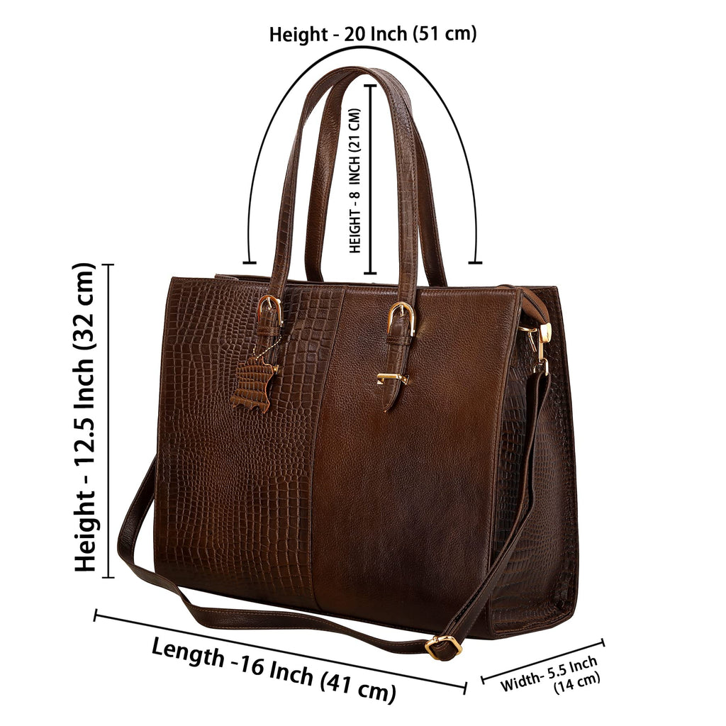 HYATT Leather Accessories Full-Grain Natural Cro Leather Ladies Handbags & Sling Shoulder Tote Bags For Women Laptop Big Size Branded Stylish. Size- L-16 X H-12.5 x W- 4.5 Inches (MEHANDI GREEN)