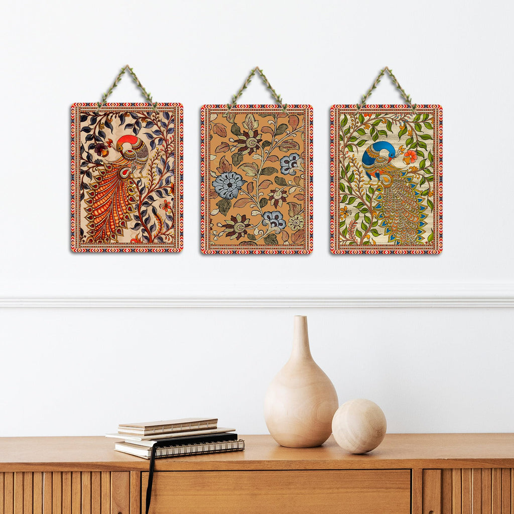 Artvibes Peacock Kalamkari Arts Wooden Art Decoration Item for Home | Living Room | Office | Wall Art Painting For Hall | Graphic Artwork | Aesthetic Wooden Decor | Ideal Gifts (WH_9605N), Set of 3