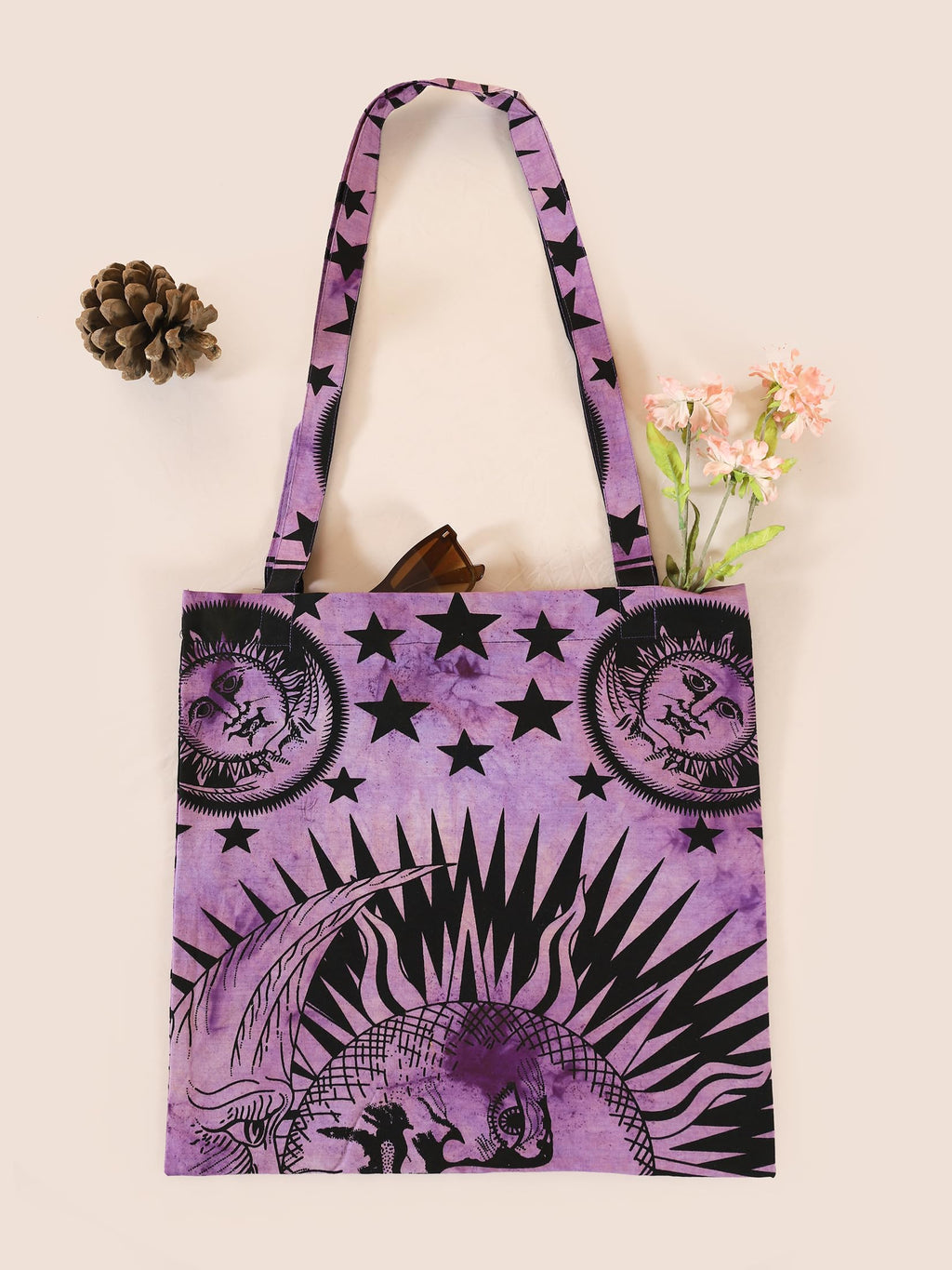 Ravaiyaa - Attitude is everything Cotton Shoulder Bag/Tote Bag For Women| Printed Multipurpose Handbag With Top Zip | Best For Shopping, Travel, Work, Beach, Office, College (Purple Sun & Moon)