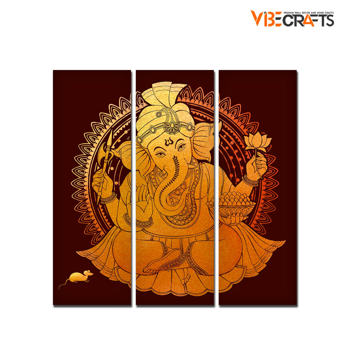 VIBECRAFTS Beautiful Shree Ganesh 3 Pieces Canvas Wall Painting Fitted With Wooden Frame For Home | Office | Living Room | Gifts (PTVC3Pcs1_9558)