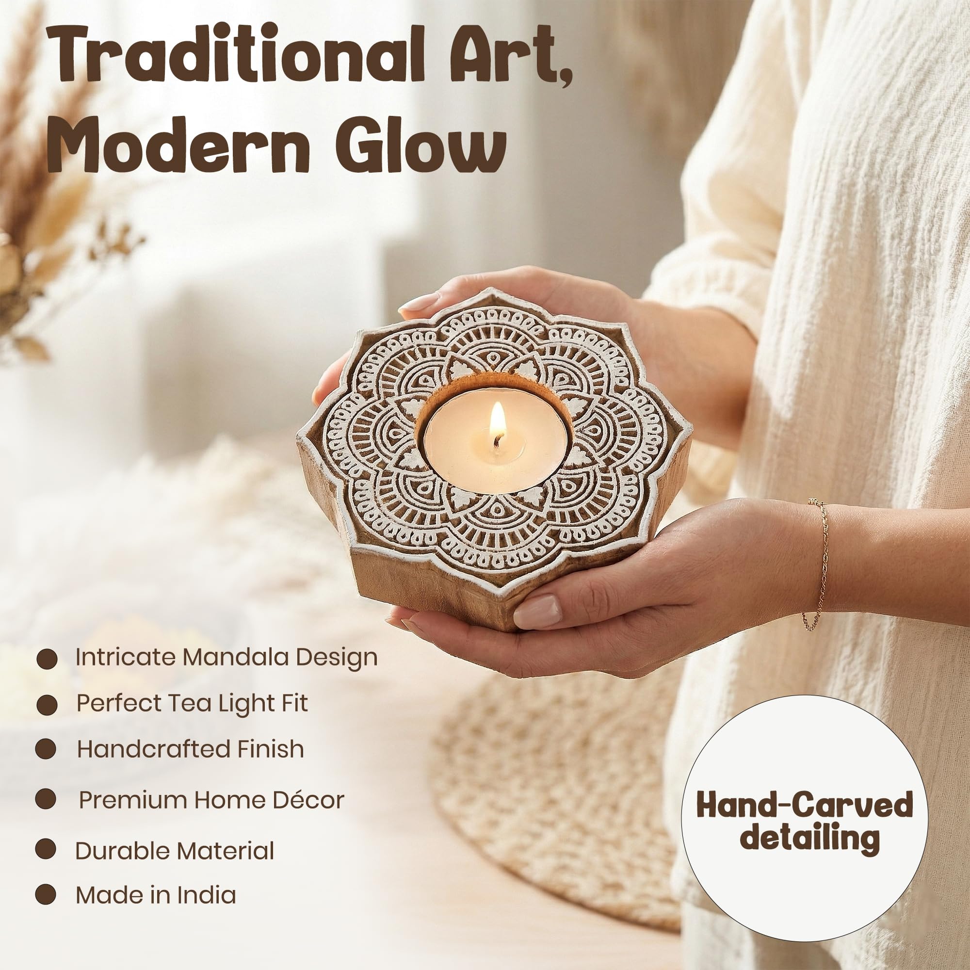 Goyoham Wooden Candle Holders, Pack of 2, Floral Mandala Pattern