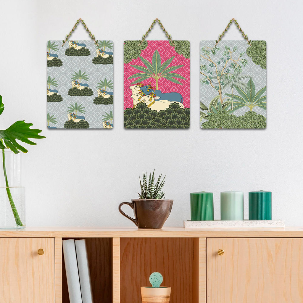 Artvibes Sacred Cows & Mother Nature Aesthetic Modern Art Decorative Wall Hanging Ornaments | Handcrafted Art | Graphic Artwork | Wall Poster | Sceneries | Unique Gift Items (WH_9698N), Set of 3
