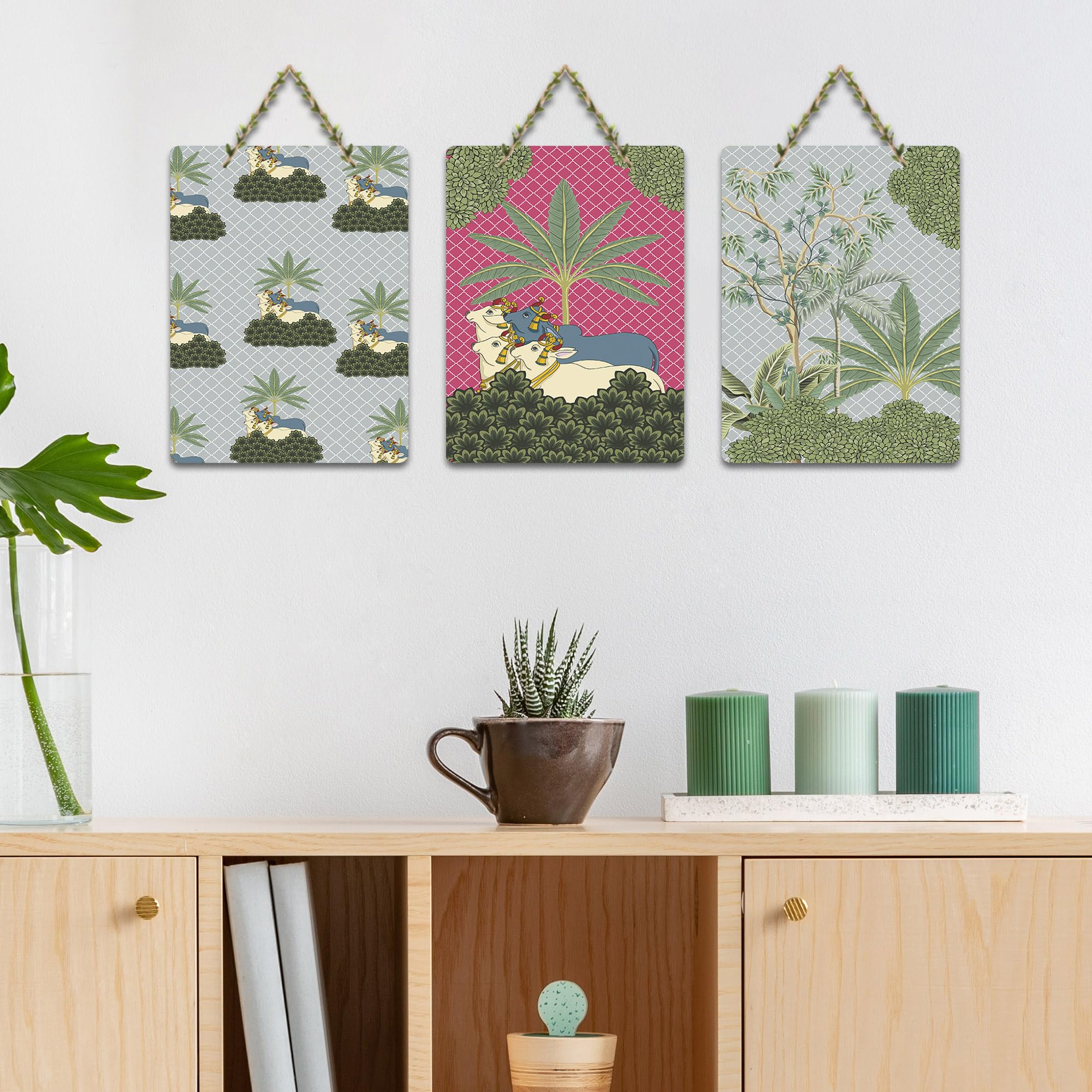 Artvibes Sacred Cows & Mother Nature Aesthetic Modern Art Decorative Wall Hanging Ornaments | Handcrafted Art | Graphic Artwork | Wall Poster | Sceneries | Unique Gift Items (WH_9698N), Set of 3
