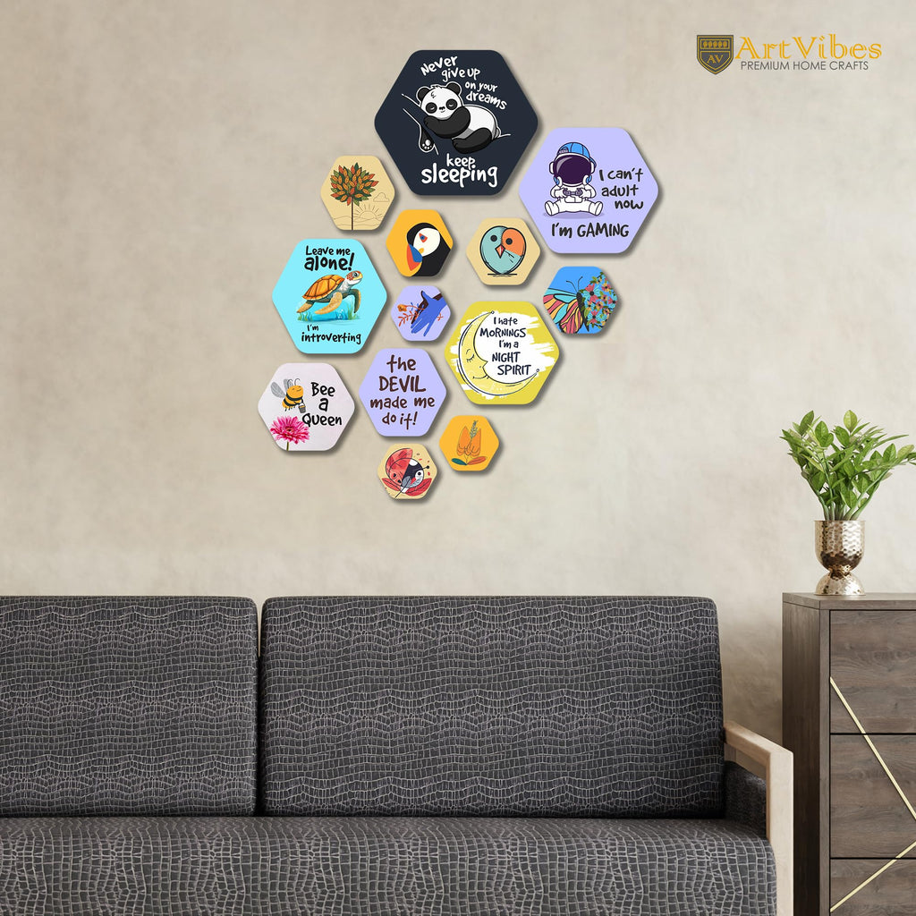Artvibes Funnny Quotes Hexagon Shape MDF Wooden Wall Decor Items | Quotes Decor Item | Printed Wall Decoration | Wall Poster | Graphic Print Artwork | Unique Gift | Cafe Decor (WPS_220N), Set of 13