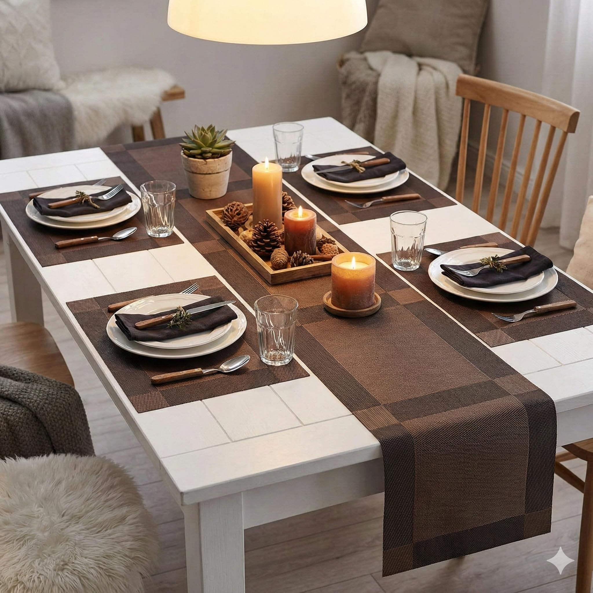 YELONA Dining Table Placemats and Runner Set - Heat Resistant, Washable, Stain Resistant Mats - Woven Vinyl Plastic - Easy to Clean-(45x30 cm 4 Placemats, 180x30 cm 1 Runner)-Ideal for Stylish Dining Kafalo