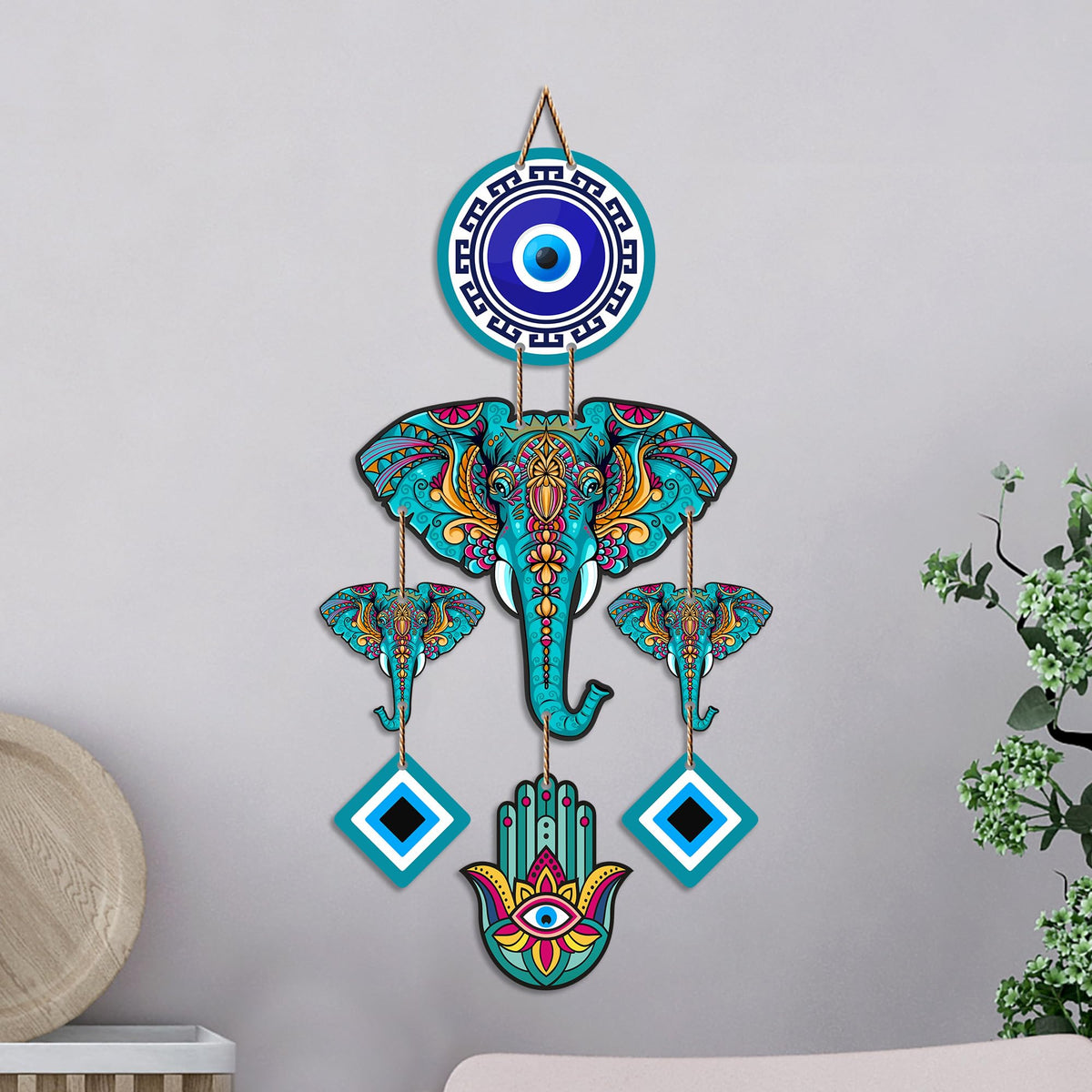 Artvibes Tribal Elephant Evil Eye Wall Hanging for Home Entrance | Nazar Battu MDF Decorative Wall Art | Lucky Vastu Decor for Living Room | Bedroom | Office & Hallway | Housewarming Gift (WH_8548N)