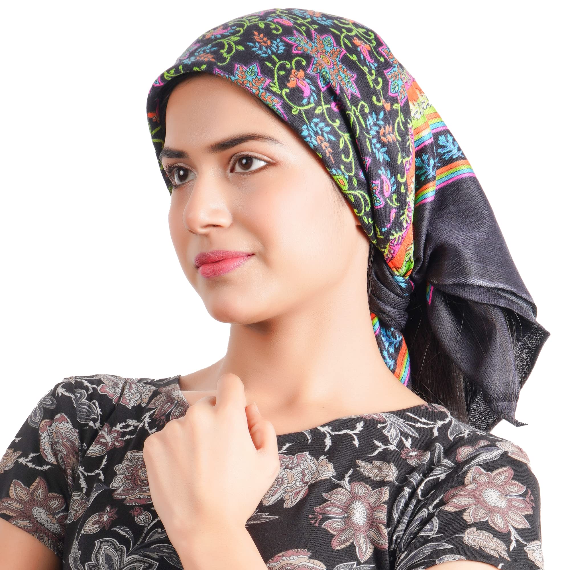 KETKAR Women Satin Square Scarf for Headwear Fashion Printing |Head Scarf Winter caps for Girls_Free Size(Pack OF 02,Black)