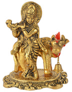 Prince Home Decor & Gifts Metal Kamdhenu Cow with Krishna Statue for Home Decor/vastu Showpiece (Gold)