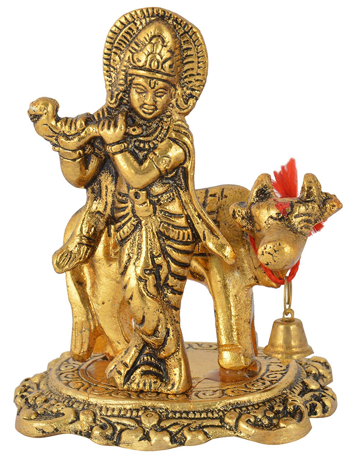 Prince Home Decor & Gifts Metal Kamdhenu Cow with Krishna Statue for Home Decor/vastu Showpiece (Gold)