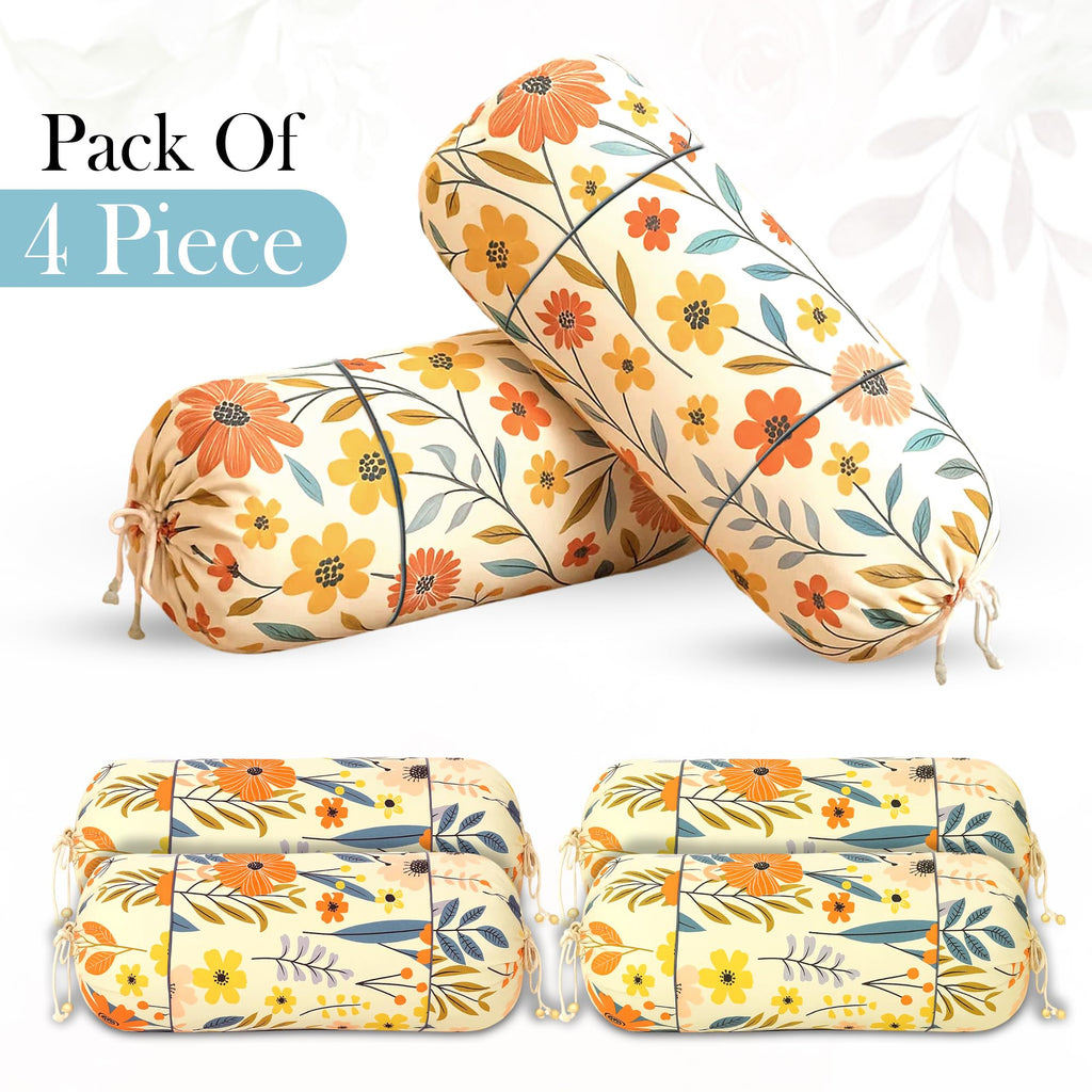 GLUN® Pack of 6 Multicolour Flower Printed Round Bolster Pillow Covers, Size 16 inch x 30 inch (40 x 75 cm, Cream) Printed Polyester Silk Fabric for Living Room or Bedroom, Stylish & Modern Covers