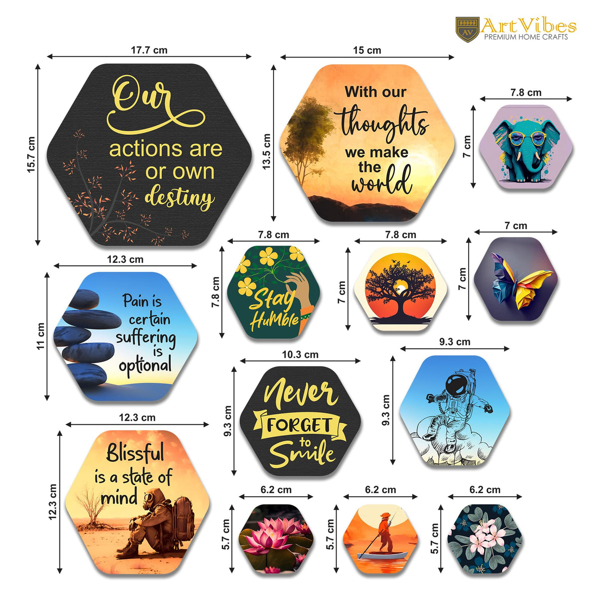 Artvibes Positive Quote Hexagon Shape MDF Wooden Wall Decor Items | Quotes Decor Item | Wall Illustrations | Office Decor | Wall Art Print | Inspirational quotes | Gift Items (WPS_212N), Set of 13