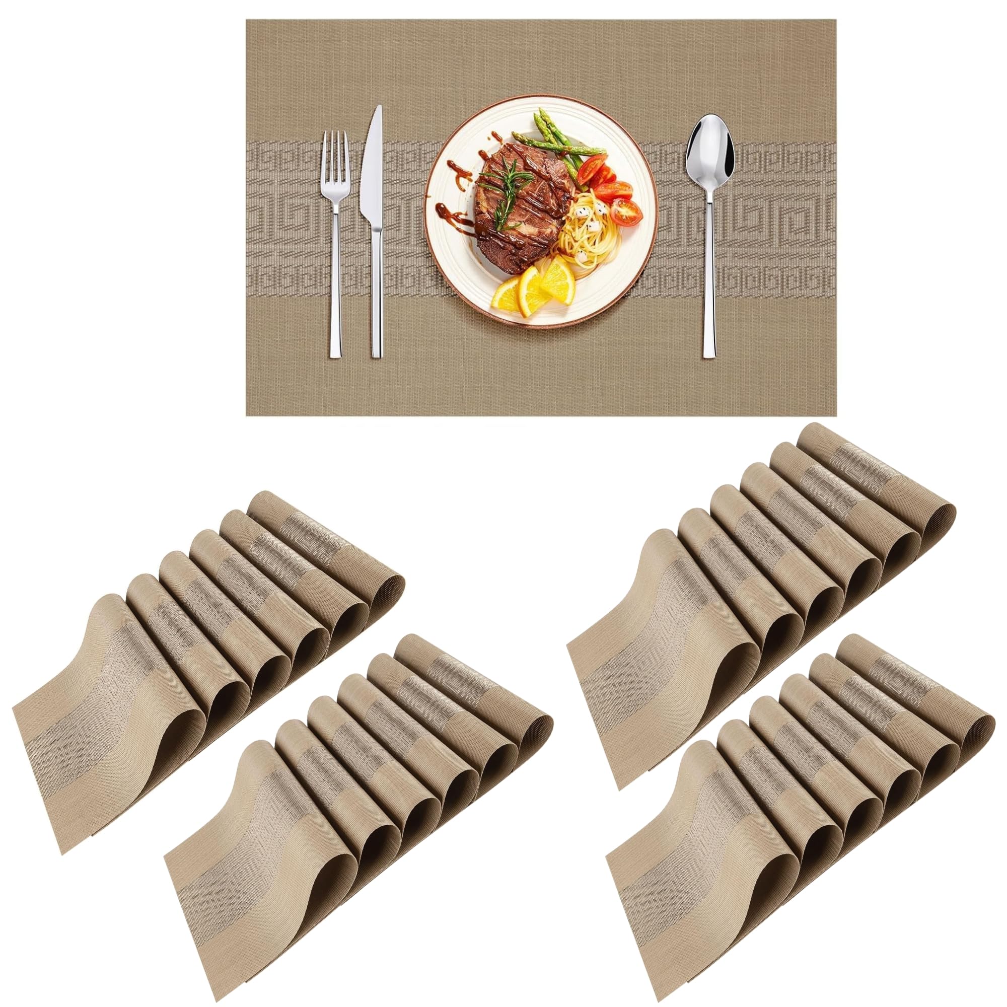 Lellow Woven Vinyl Stylish Washable Dining Table Placemats - (Peanut Brown, Pack of 24) Kafalo
