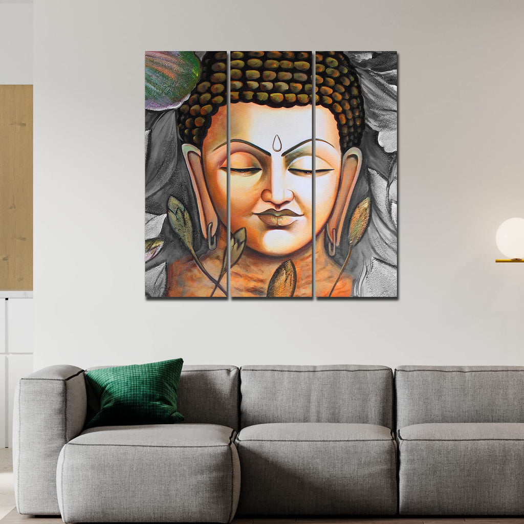 VIBECRAFTS Buddha Meditating 3 Pieces Canvas Wall Painting Fitted With Wooden Frame For Home | Office | Living Room | Gifts (PTVC3Pcs1_9598)