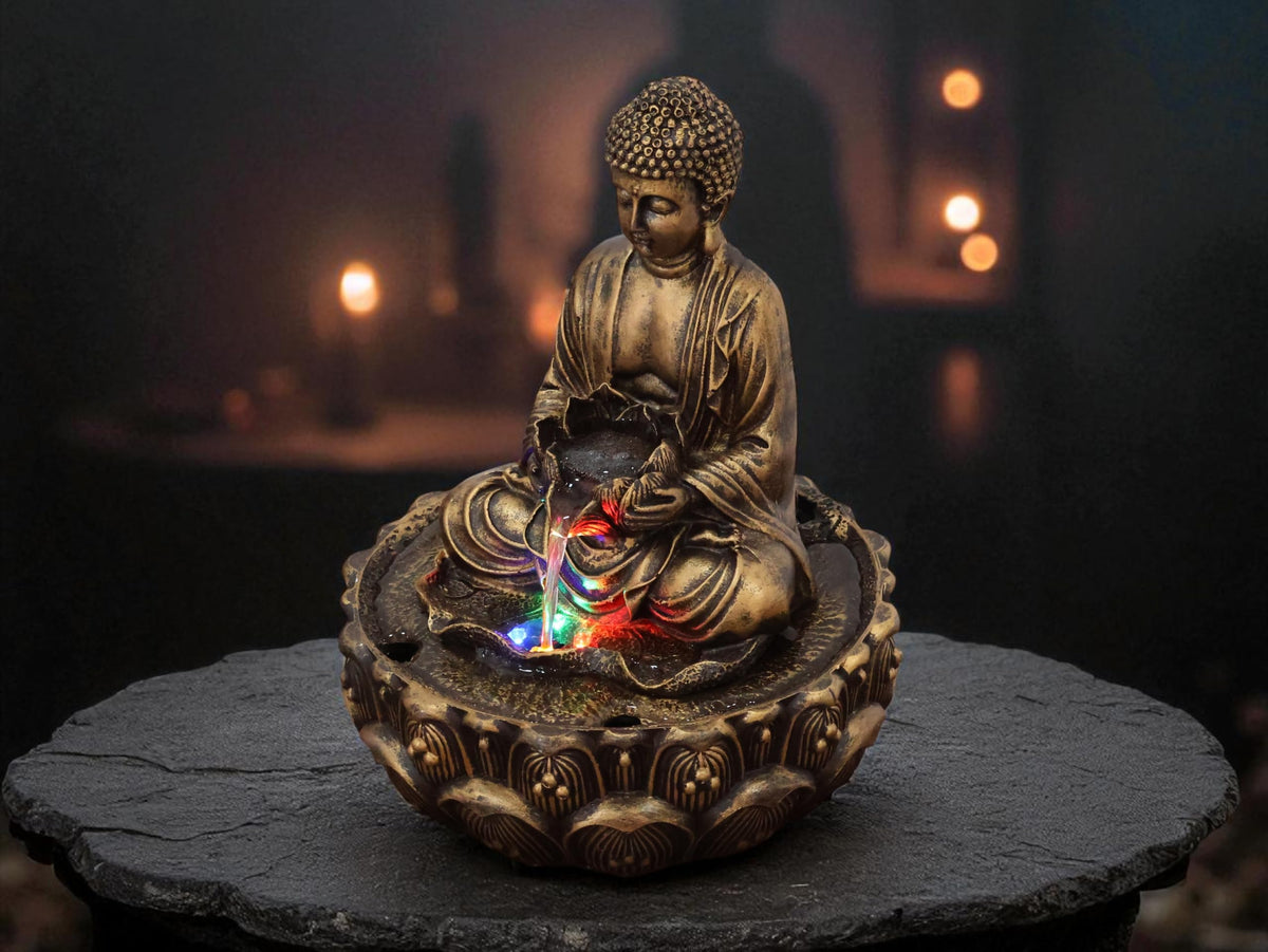 KridayKraft Meditating Buddha Water Fountain Idol Polyresin Lotus Water Fountain Showpiece for Home Garden Living Room Decor Decoration Gift Items,