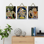 Artvibes Radha Krishna Madhubani Art Home Decorative Wall Hanging Ornaments | Wood Decorative Items | Modern Decoration | Festive Decor | Wall Illustrations | Gift Items (WH_96152N), Set of 3