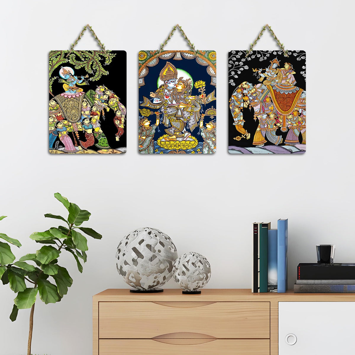 Artvibes Radha Krishna Madhubani Art Home Decorative Wall Hanging Ornaments | Wood Decorative Items | Modern Decoration | Festive Decor | Wall Illustrations | Gift Items (WH_96152N), Set of 3