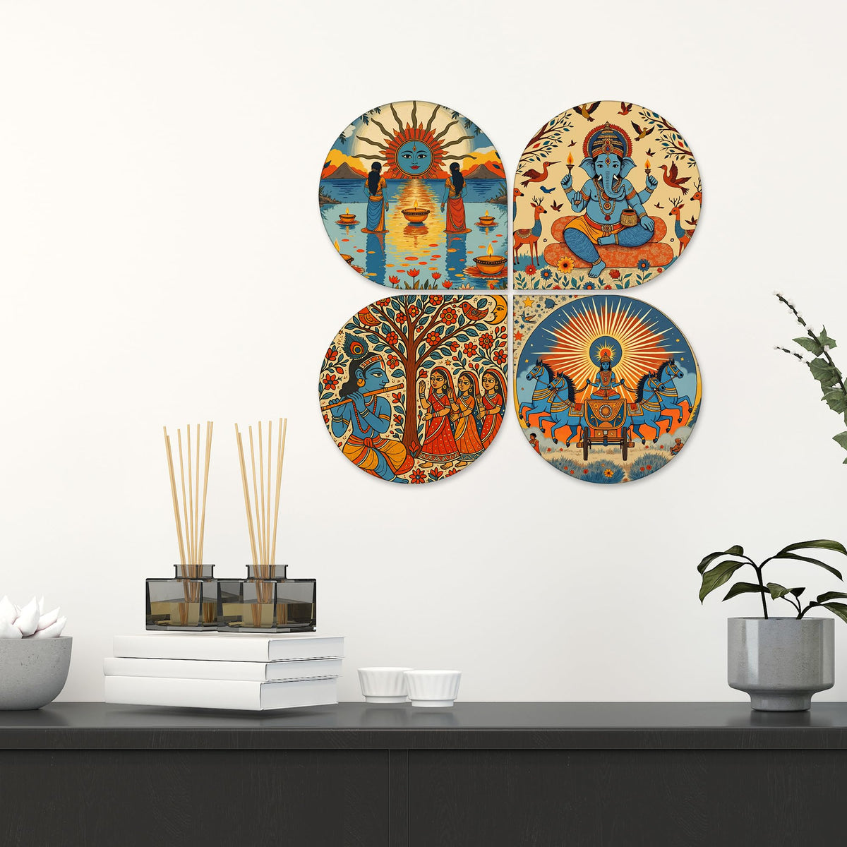 Artvibes Indian Festival Decorative Wall Hanging Ornaments | Graphic Artwork | Door Decoration Items | Paintings For Wall | Aesthetic Wooden Decor | Handcrafted Art | Ideal Gifts (WH_8448N), Set of 4