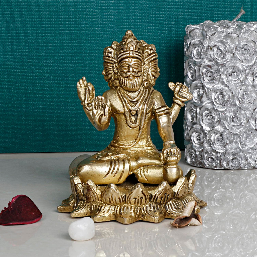 ARTVARKO Brass Brahma The Creator in Trimurti Idol Sitting on Lotus Murti Gold Color, Height 4 Inch.