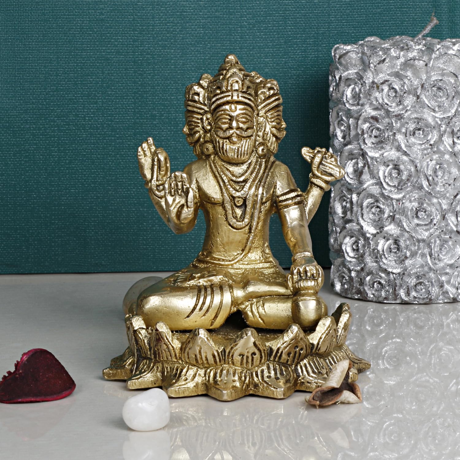 ARTVARKO Brass Brahma The Creator in Trimurti Idol Sitting on Lotus Murti Gold Color, Height 4 Inch.