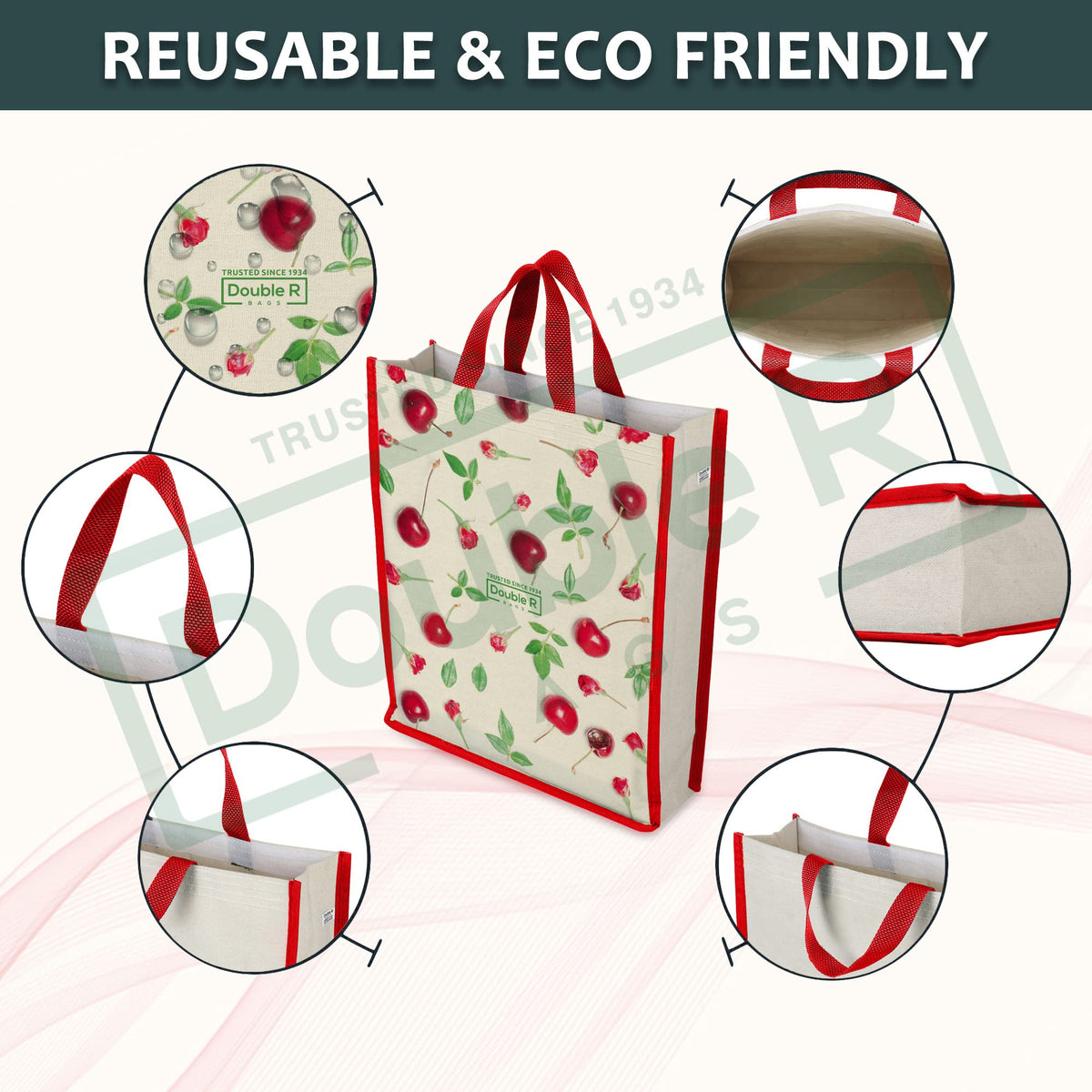 DOUBLE R BAGS Unisex Big Eco Cotton Canvas Shopping Bag for Grocery, Milk, Fruits & Vegetables | Reusable Jhola Tote with Reinforced Handles | Cherry Print, 34x9.5x39.5 cm, 1 Compartment (Pack of 2)