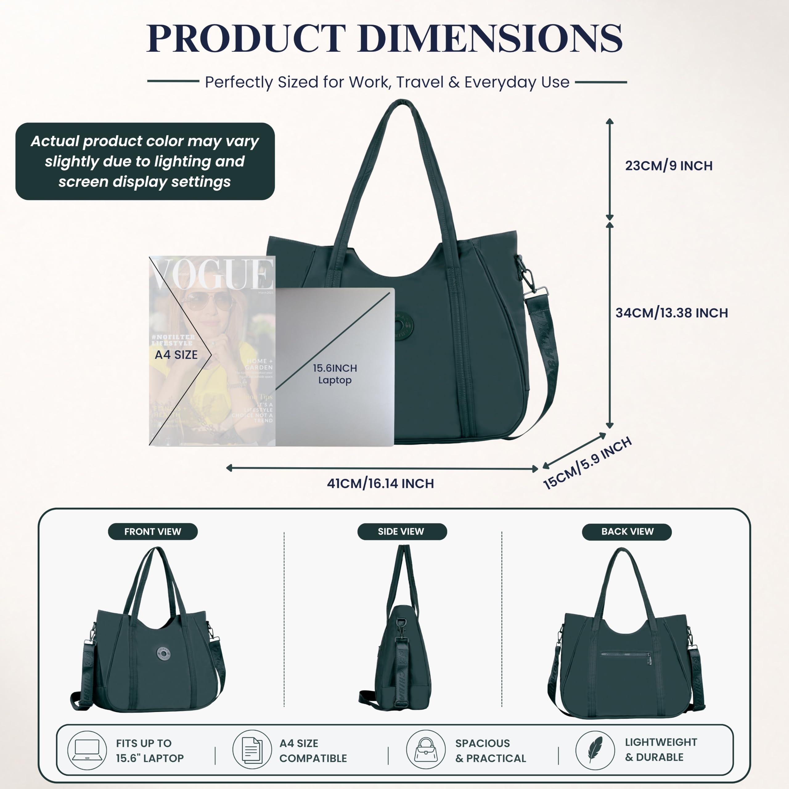 12o12 Women's Large Tote Bag for Office, Travel, Shopping, Daily Use | Shoulder Handbag, Gift for Girls, Stylish Ladies Purse | Fits Upto 15.6 Laptop, A4 Files etc. (Bottle Green)